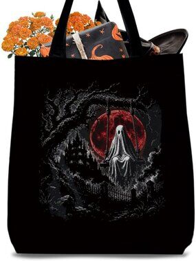 Women Red Black Halloween Breast Cancer Awareness Ribbon Canvas Gift Tote Bag
